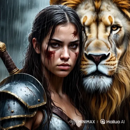 Warrior and Lion Bond in Rainy Aesthetic Scene – AI Generated Video | Hailuo AI