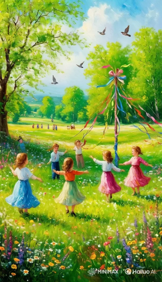 Children Dancing Around Maypole in Pastoral Meadow – AI Generated Video | Hailuo AI
