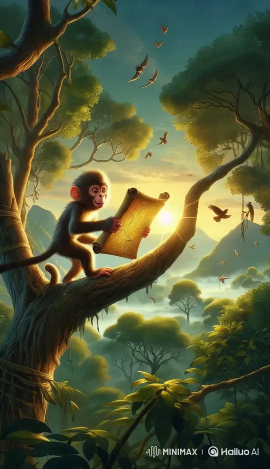 Monkey Examines Map in Serene Forest Setting – AI Generated Video | Hailuo AI