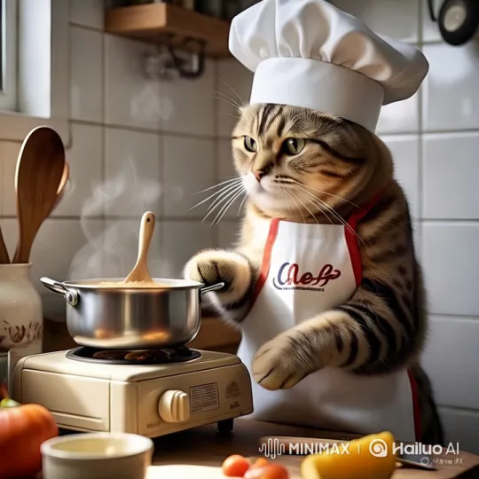 Charming Cat Chef Prepares Meal in Modern Kitchen – AI Generated Video | Hailuo AI