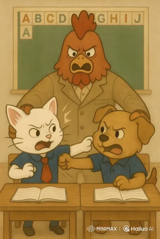 Animated Classroom Scene: Cat and Dog Argue, Teacher Intervenes – AI Generated Video | Hailuo AI
