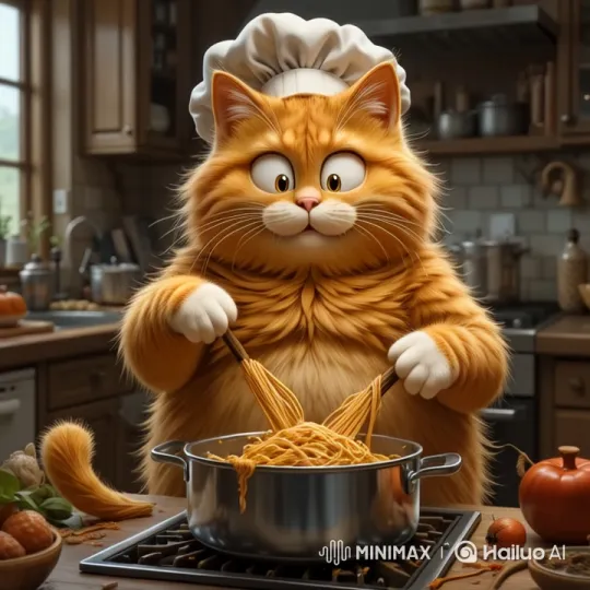 Ginger Cat Chef Cooks Spaghetti in Cozy Kitchen – AI Generated Video | Hailuo AI