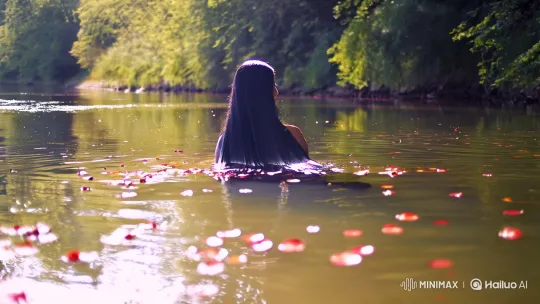 Mystical River Scene: Enchanted Woman Emerges Gracefully – AI Generated Video | Hailuo AI