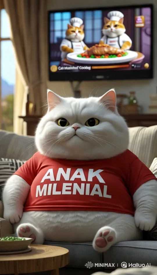 Chubby Cat in Red Shirt Enjoys Snacks and Cooking Show – AI Generated Video | Hailuo AI