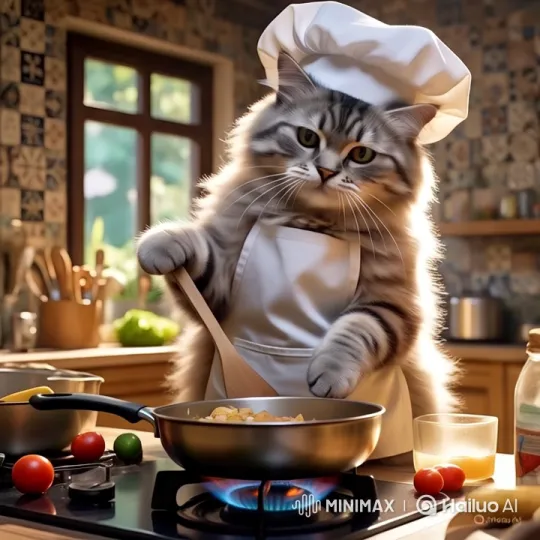 Fluffy Cat Chef Stirs Up Whimsy in Sunlit Kitchen – AI Generated Video | Hailuo AI