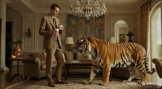 Elegant Living Room with Confident Man and Majestic Tiger – AI Generated Video | Hailuo AI