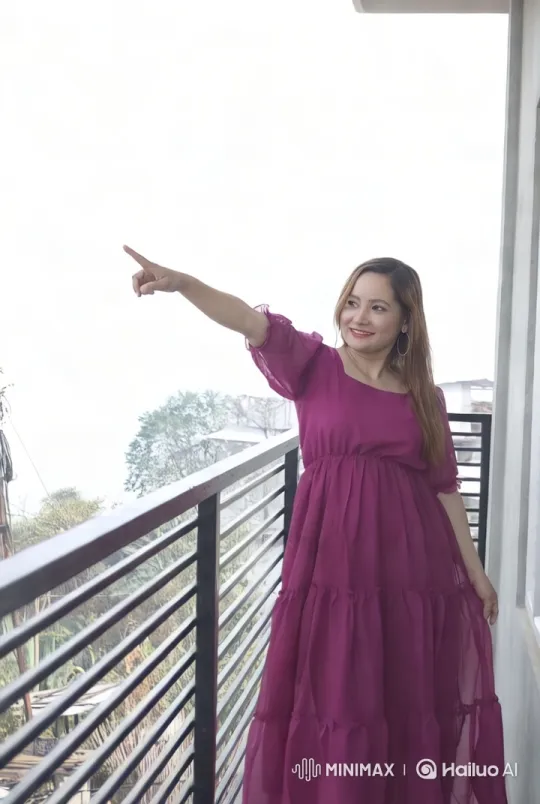 Woman in Magenta Dress on Balcony Amidst Serene Landscape – AI Generated Video | Hailuo AI