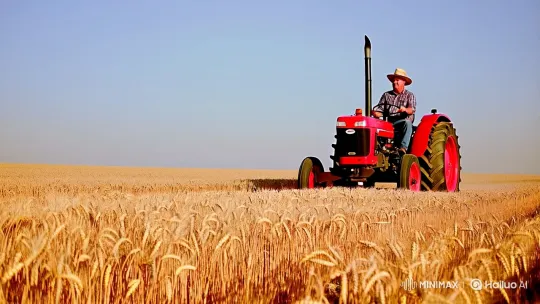 Farmer Harvesting Wheat with Tractor in Serene Landscape – AI Generated Video | Hailuo AI