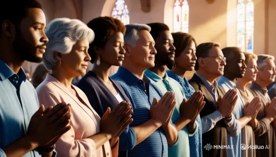 Diverse Congregation Prays in Serene Church Interior – AI Generated Video | Hailuo AI