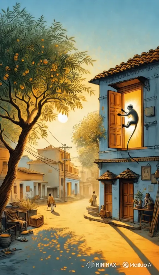 Peaceful Indian Neighborhood with Stealthy Monkey Intruder – AI Generated Video | Hailuo AI