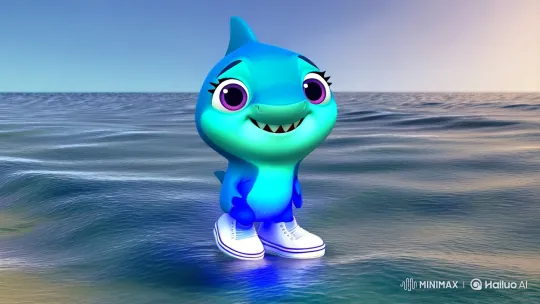 Vibrant Shark Child Stands by Serene Shoreline – AI Generated Video | Hailuo AI