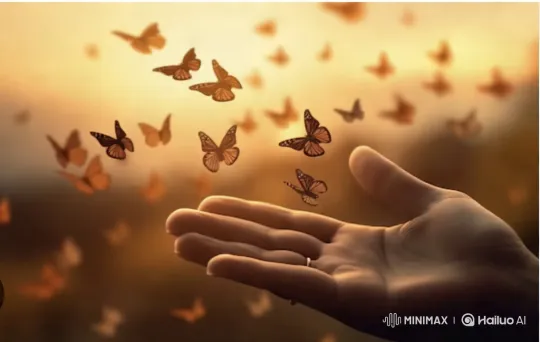 Butterfly Dance: Hand Extends in Golden Serenity – AI Generated Video | Hailuo AI