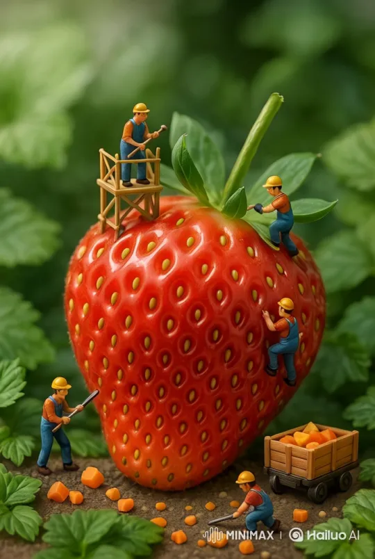 Miniature Cartoon Workers Harvest Giant Strawberry – AI Generated Video | Hailuo AI