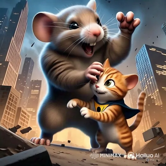 Colossal Mouse and Golden Cat's Playful Skirmish in Bustling City – AI Generated Video | Hailuo AI