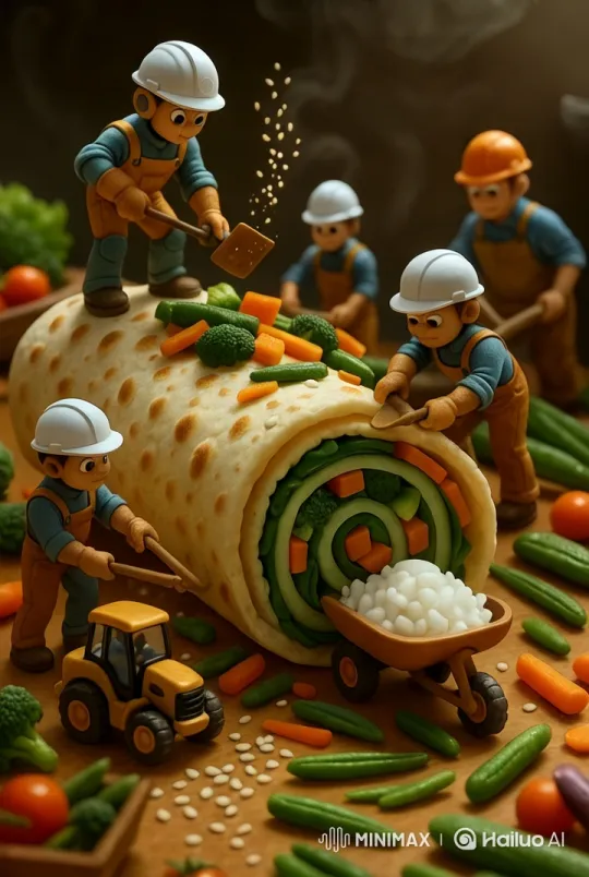 Miniature Construction Workers Prepare Giant Roti Roll – AI Generated Video | Hailuo AI