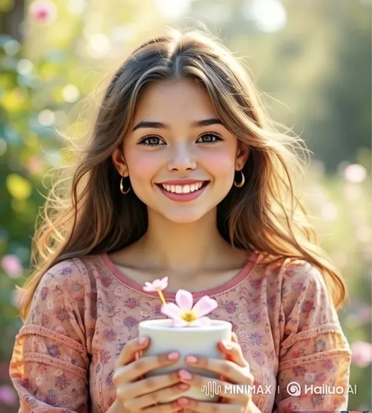 Young Woman in Serene Garden with Flower – AI Generated Video | Hailuo AI