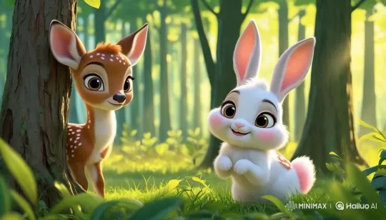Enchanted Forest: Playful Rabbit Meets Curious Fawn – AI Generated Video | Hailuo AI