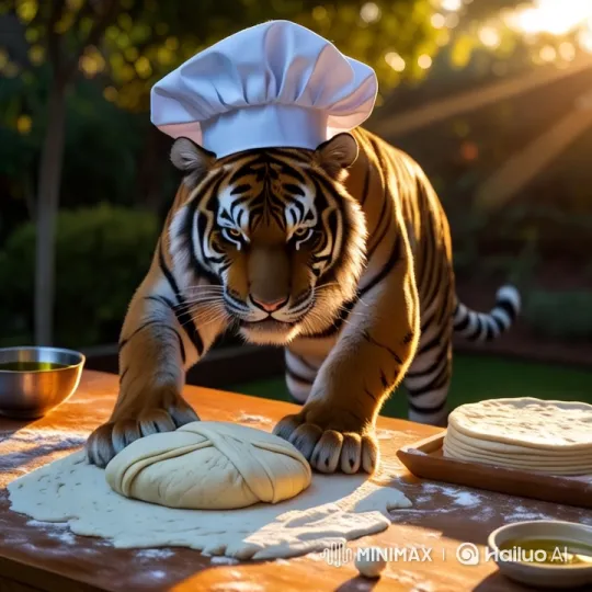 Tiger Chef: Aesthetic Kneading in Serene Nature – AI Generated Video | Hailuo AI