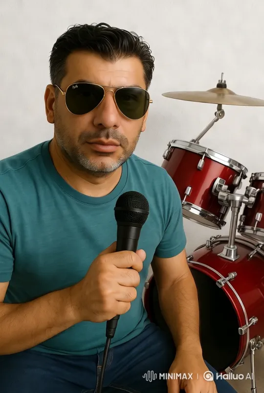 Man with Microphone and Red Drum Set in Minimalistic Setting – AI Generated Video | Hailuo AI