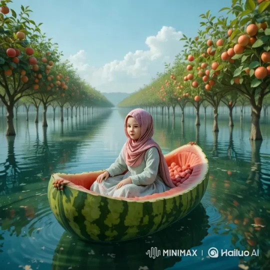 Girl on Watermelon Boat in Apple Orchard – AI Generated Video | Hailuo AI