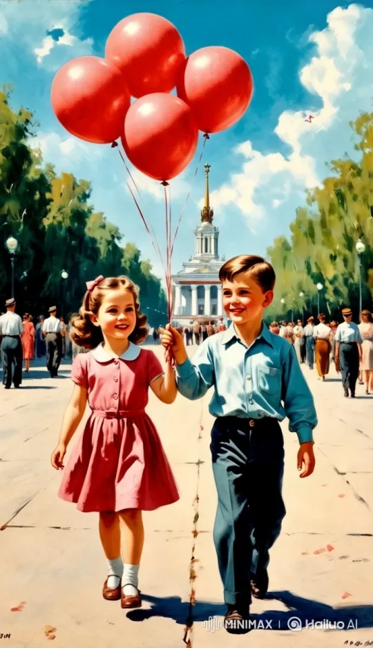 Joyful Children Walk with Balloons in Park – AI Generated Video | Hailuo AI
