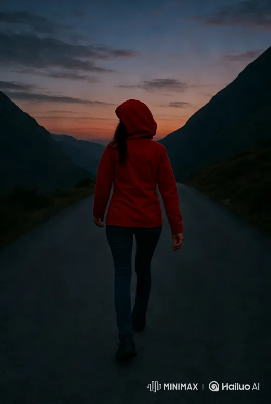 Twilight Journey: A Figure Walks Amidst Mountain Majesty – AI Generated Video | Hailuo AI