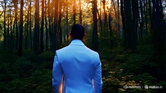 Enchanted Forest: Man in White Amidst Dawn's Glow – AI Generated Video | Hailuo AI