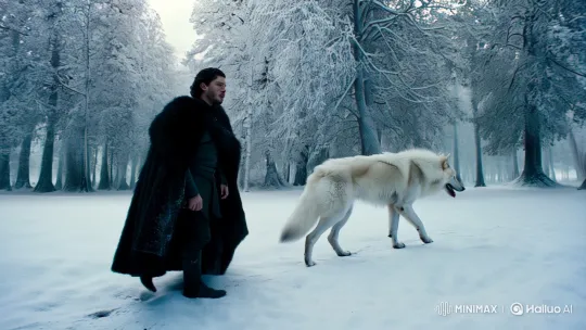 Jon Snow and Direwolf in Snowy Forest Panorama – AI Generated Video | Hailuo AI
