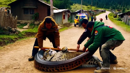 Rural Village Road: Men Rescue Snow Leopard from Anaconda – AI Generated Video | Hailuo AI
