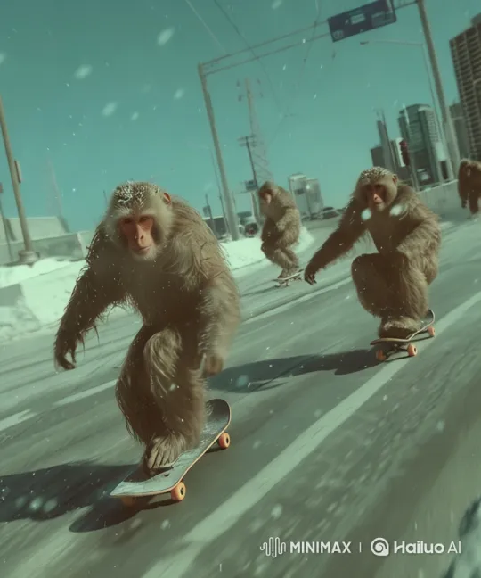 Monkeys Skateboarding Through Winter Cityscape – AI Generated Video | Hailuo AI