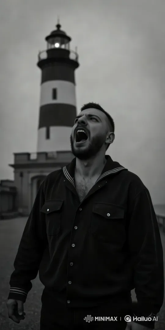 Sailor Screams, Strides to Lighthouse in Dark Storm – AI Generated Video | Hailuo AI