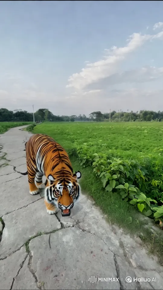 Majestic Tiger Walks in Lush Landscape – AI Generated Video | Hailuo AI