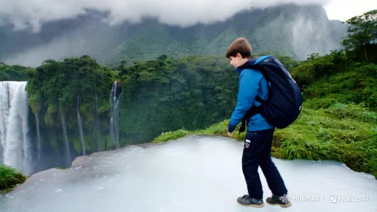 Young Man in Majestic Rainforest Amidst Waterfalls – AI Generated Video | Hailuo AI