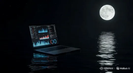 Laptop Floating on Moonlit Water with Dynamic Data and Shooting Star – AI Generated Video | Hailuo AI