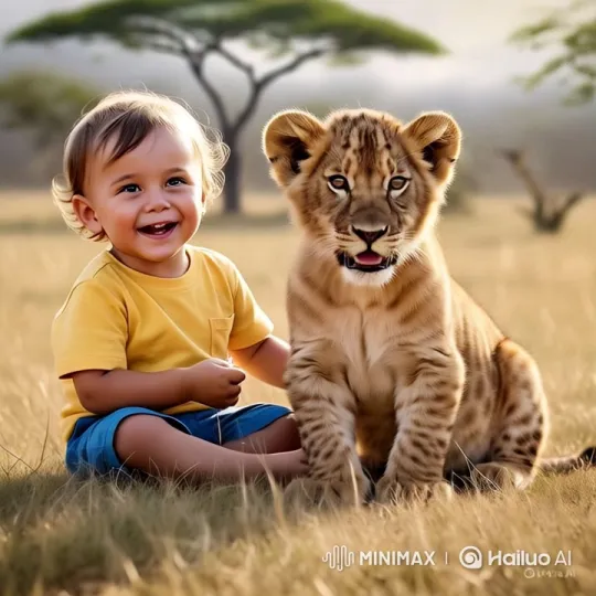 Lion Cub and Toddler Bond in Savannah Setting – AI Generated Video | Hailuo AI