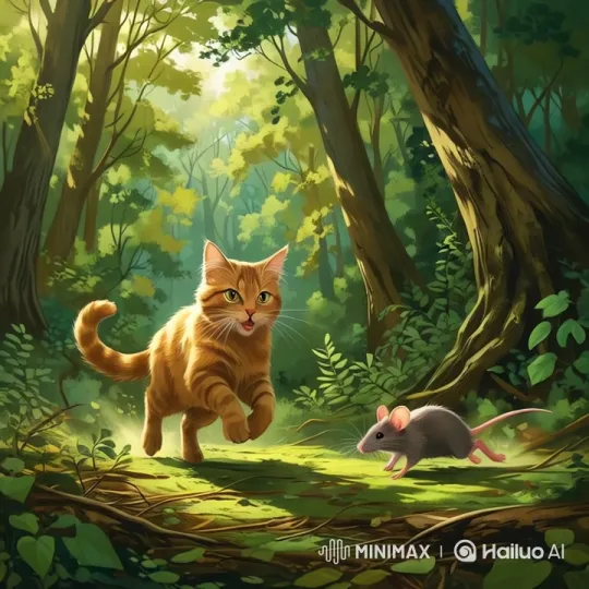 Ginger Cat Chases Mouse in Sunlit Forest – AI Generated Video | Hailuo AI