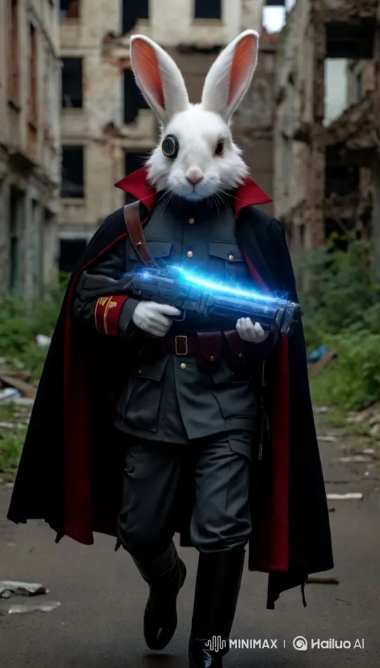 Military Rabbit in Futuristic Post-Apocalyptic Ruins – AI Generated Video | Hailuo AI