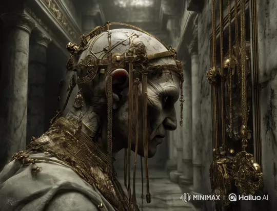 Ancient Hall: Ornate Figure in Grand Golden Setting – AI Generated Video | Hailuo AI