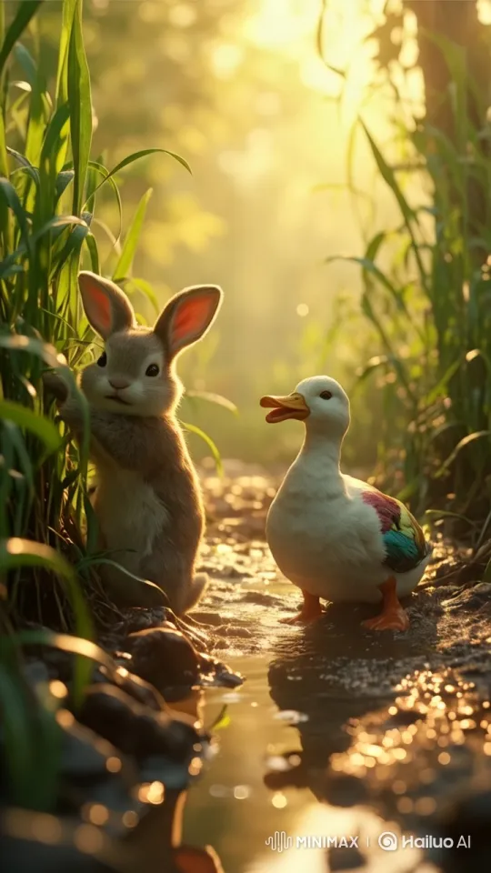 Harmony in Nature: Rabbit, Duck, and Forest Clearing – AI Generated Video | Hailuo AI