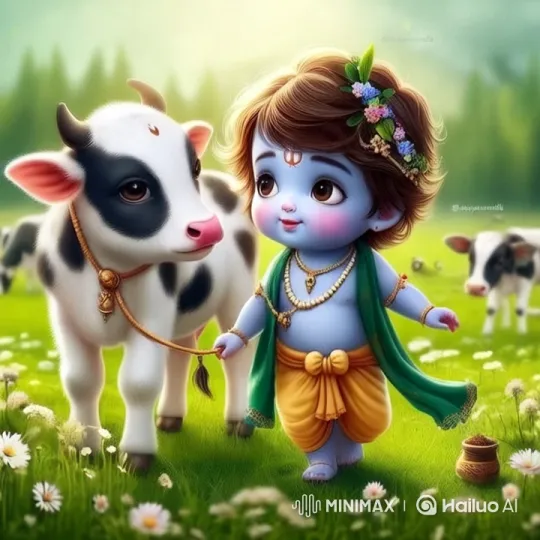 Child with Calf in Pastoral Meadow Scene – AI Generated Video | Hailuo AI