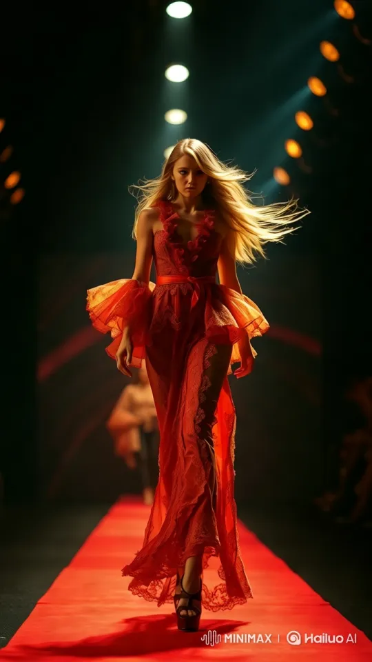 Elegant Runway Show with Graceful Mannequin in Red Lace Dress – AI Generated Video | Hailuo AI