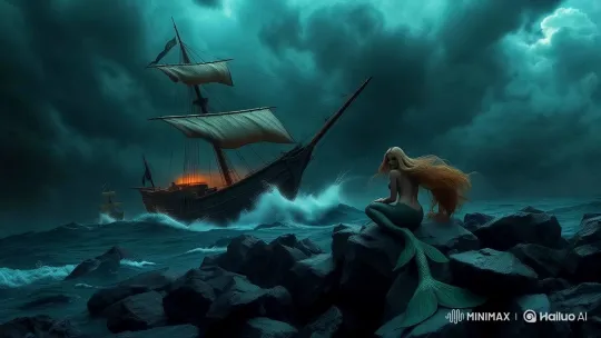 Mermaid Amidst Stormy Sea and Struggling Ship – AI Generated Video | Hailuo AI