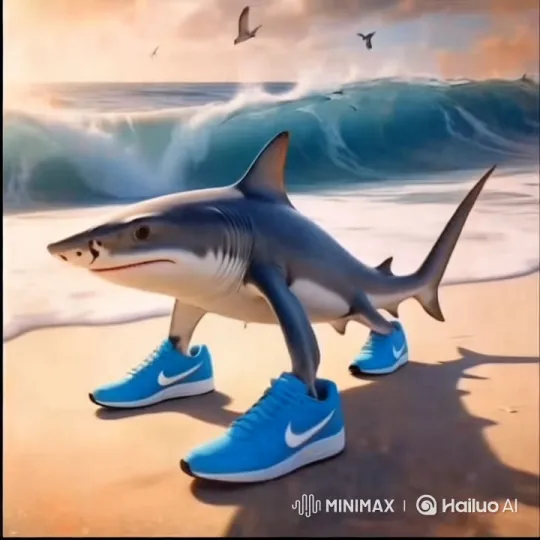 Shark in Nike Sneakers Walks on Beach at Sunset – AI Generated Video | Hailuo AI