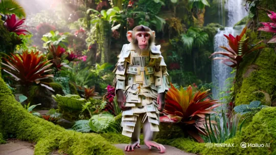 Monkey in $100 Bill Suit Explores Lush Oasis – AI Generated Video | Hailuo AI