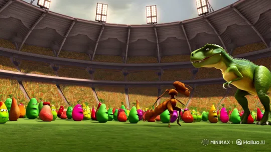 Colossal Ant Battles Mini T-Rex in Surreal Soccer Stadium – AI Generated Video | Hailuo AI