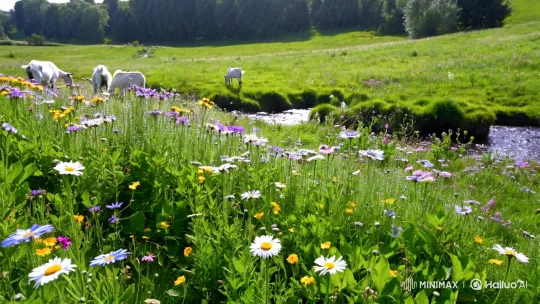 Vibrant Meadow with Grazing Goats and Gentle Stream – AI Generated Video | Hailuo AI