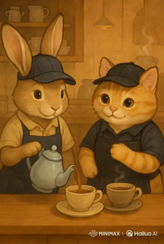 Cute Bunny and Kitten Run a Cozy Café – AI Generated Video | Hailuo AI