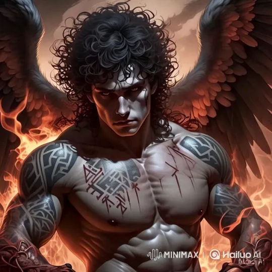 Muscular Figure with Wings in Fiery, Dramatic Setting – AI Generated Video | Hailuo AI