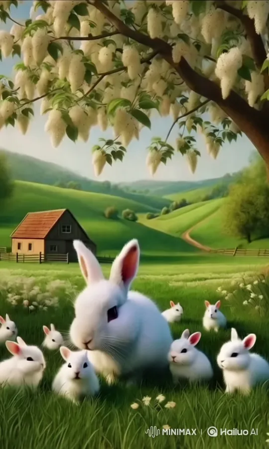 White Rabbit and Family in Serene Pastoral Setting – AI Generated Video | Hailuo AI