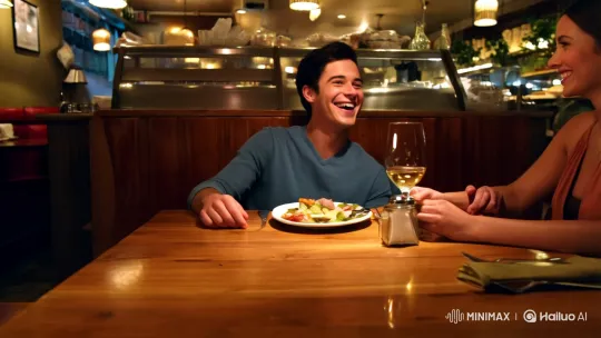 Couple Discusses Future Over Dinner in Intimate Eatery – AI Generated Video | Hailuo AI